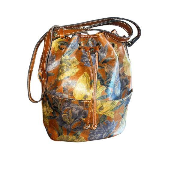 Patricia Nash Handbags - Patricia Nash Riano brown leather drawstring bucket bag Painted Irises floral